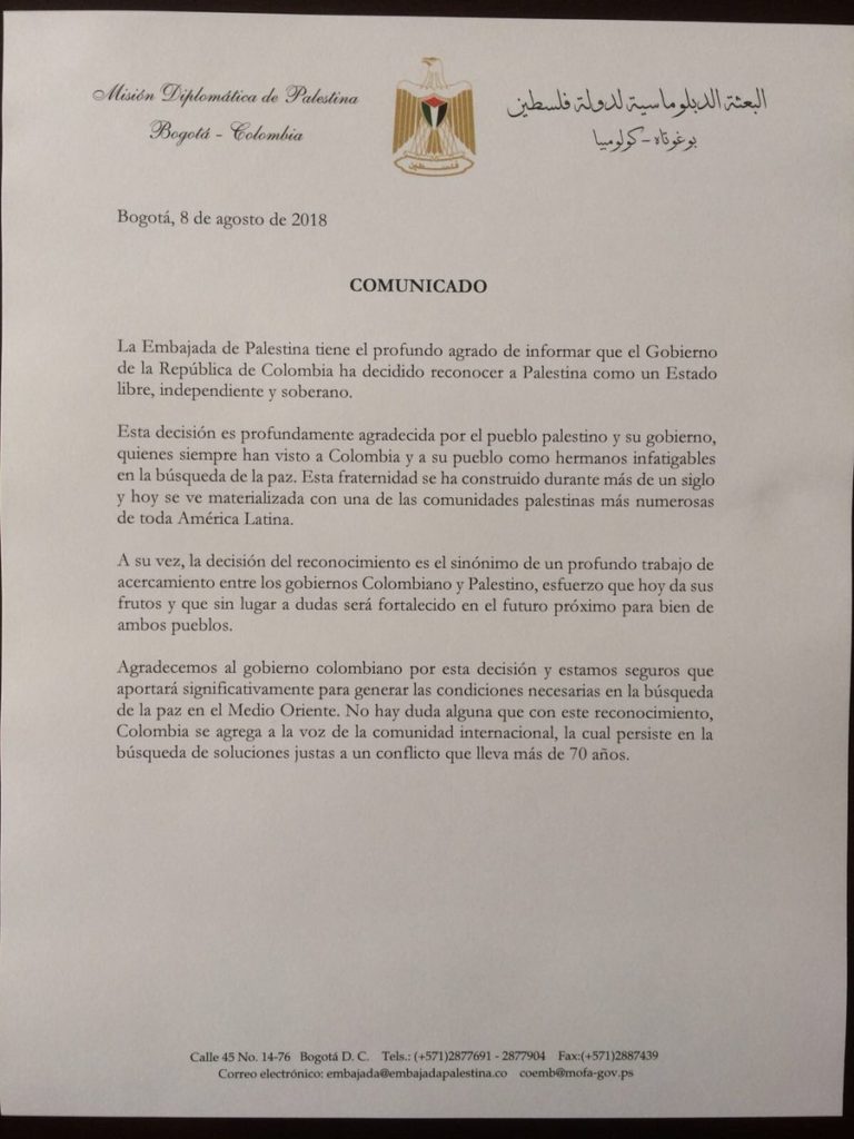 Colombia reconoce a Palestina como Estado libre, independiente y soberano 1 Carta