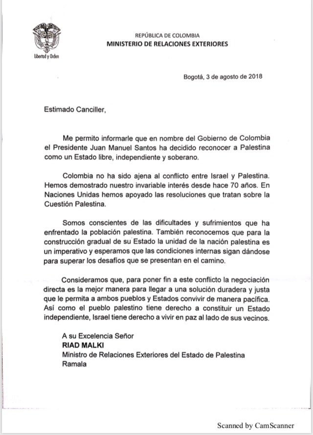 Colombia reconoce a Palestina como Estado libre, independiente y soberano 2 Carta2