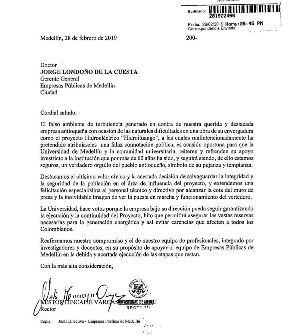 La carta de Néstor Hincapié al gerente de Epm 360 Radio