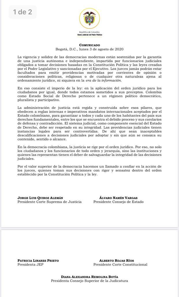 La Corte Suprema de Justicia responde ante la preocupación del Centro Democrático por la libertad de Uribe 2 WhatsApp Image 2020 08 03 at 11.23.54 PM