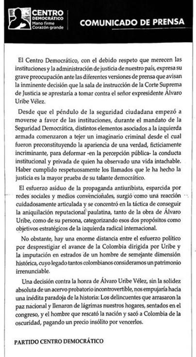 La Corte Suprema de Justicia responde ante la preocupación del Centro Democrático por la libertad de Uribe 1 WhatsApp Image 2020 08 04 at 9.06.51 AM