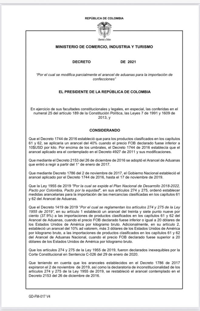Presidente Duque aumentaría aranceles a la importación de textiles 1 decreto 1