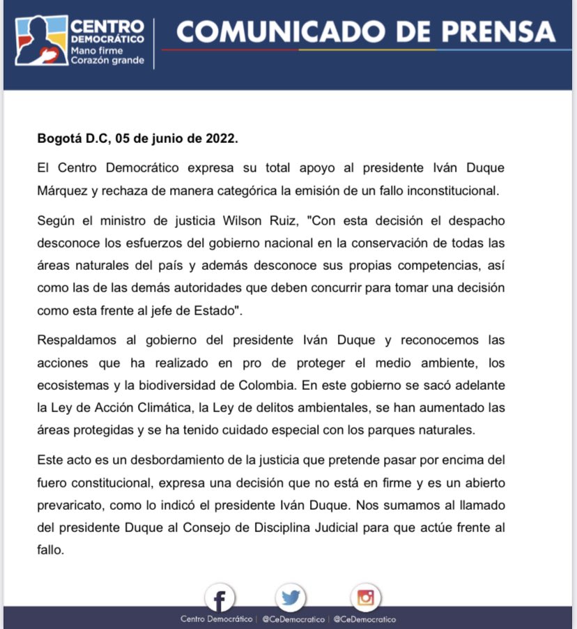 "Es un desbordamiento de la justicia", Centro Democrático sobre fallo del Tribunal Superior de Ibagué 1 FUhE4mjXsAIw9ia