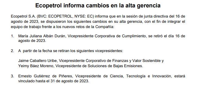 Cambios en Ecopetrol