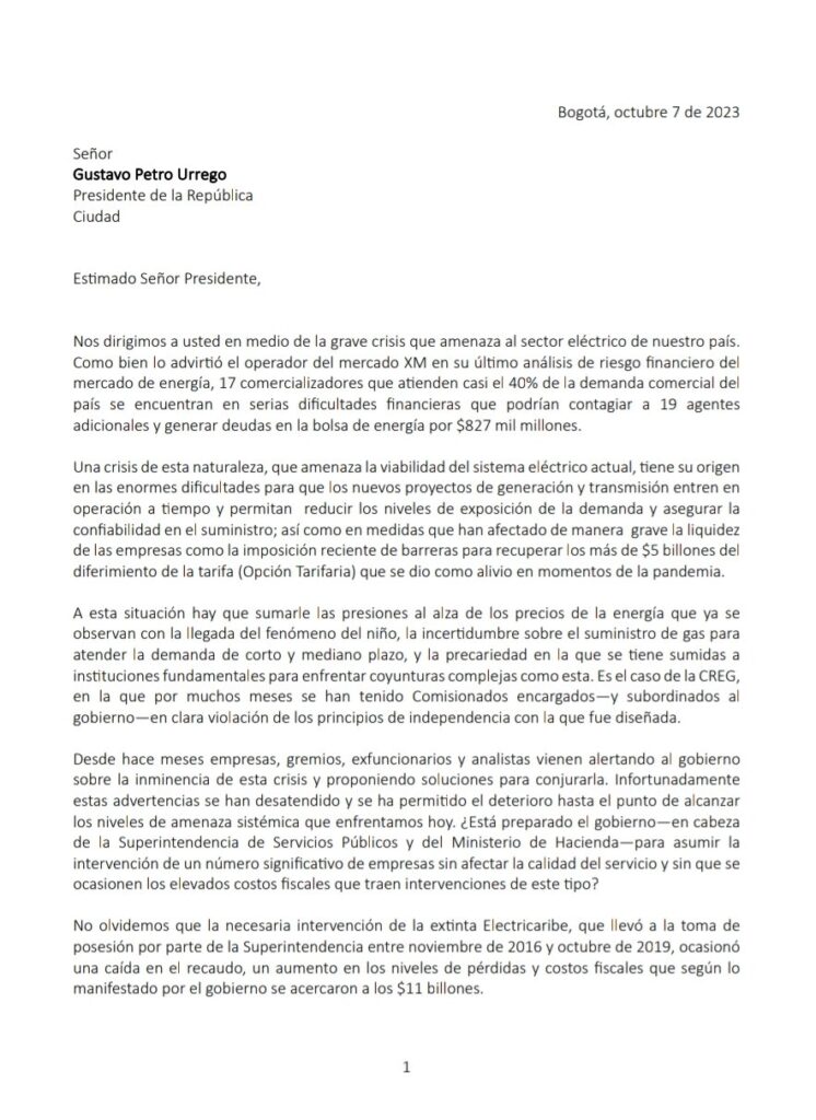 Carta dirigida al presidente Gustavo Petro