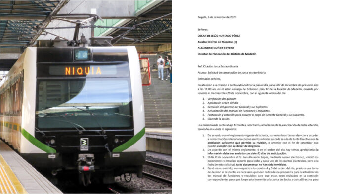 En una carta dirigida al alcalde electo y al director de Planeación del Distrito de Medellín, los representantes del Gobierno Nacional, solicitan la cancelación de la junta directiva del Metro de Medellín, contemplada para el próximo 7 de diciembre.