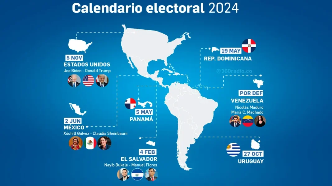 El calendario electoral de 2024 muestra ser un año desafiante para los latinoamericanos que tendrán que elegir presidentes, congresos, alcaldes y gobernadores en los diferentes países, pero sin duda Estados Unidos y Venezuela se roban todas la miradas del panorama electoral.