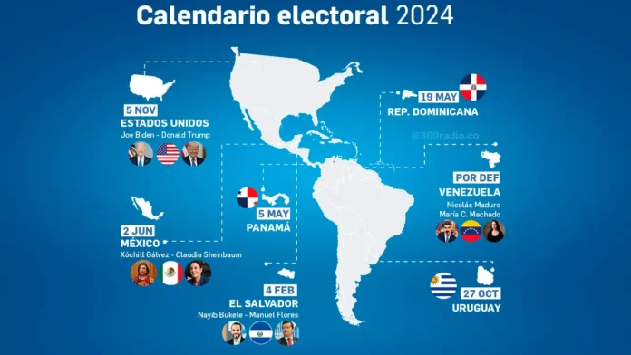 El calendario electoral de 2024 muestra ser un año desafiante para los latinoamericanos que tendrán que elegir presidentes, congresos, alcaldes y gobernadores en los diferentes países, pero sin duda Estados Unidos y Venezuela se roban todas la miradas del panorama electoral.