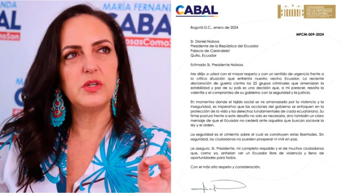 María Fernanda Cabal envió este jueves una carta al presidente de Ecuador, Daniel Noboa en que le muestra su total respaldo al mandatario ante la decisión de declararle la guerra a 22 bandas criminales que tienen azotado el país vecino.