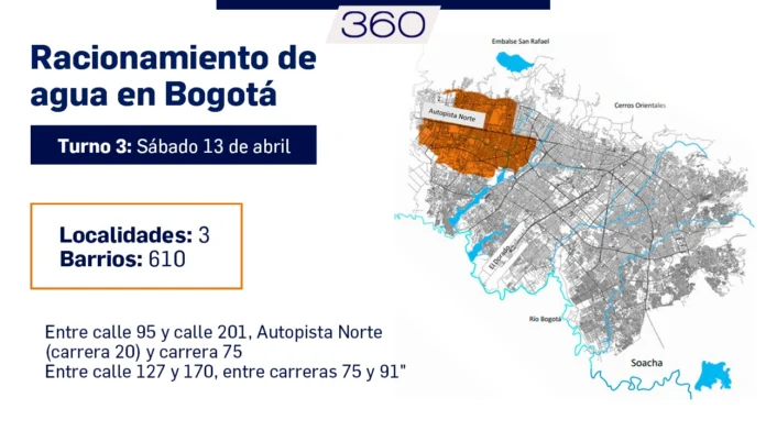 Los cortes de agua en Bogotá en los 610 barrios y tres localidades de la ciudad iniciará este sábado a las ocho de la mañana y se extenderán hasta el próximo domingo 14 de abril.