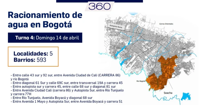 Los cortes de agua en Bogotá se efectuarán este domingo 14 de abril en cinco localidades y 593 barrios de la ciudad.