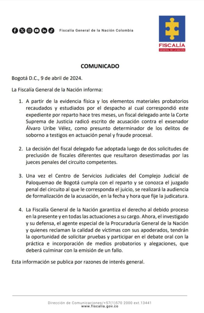 Comunicado de la Fiscalía contra Álvaro Uribe Vélez
