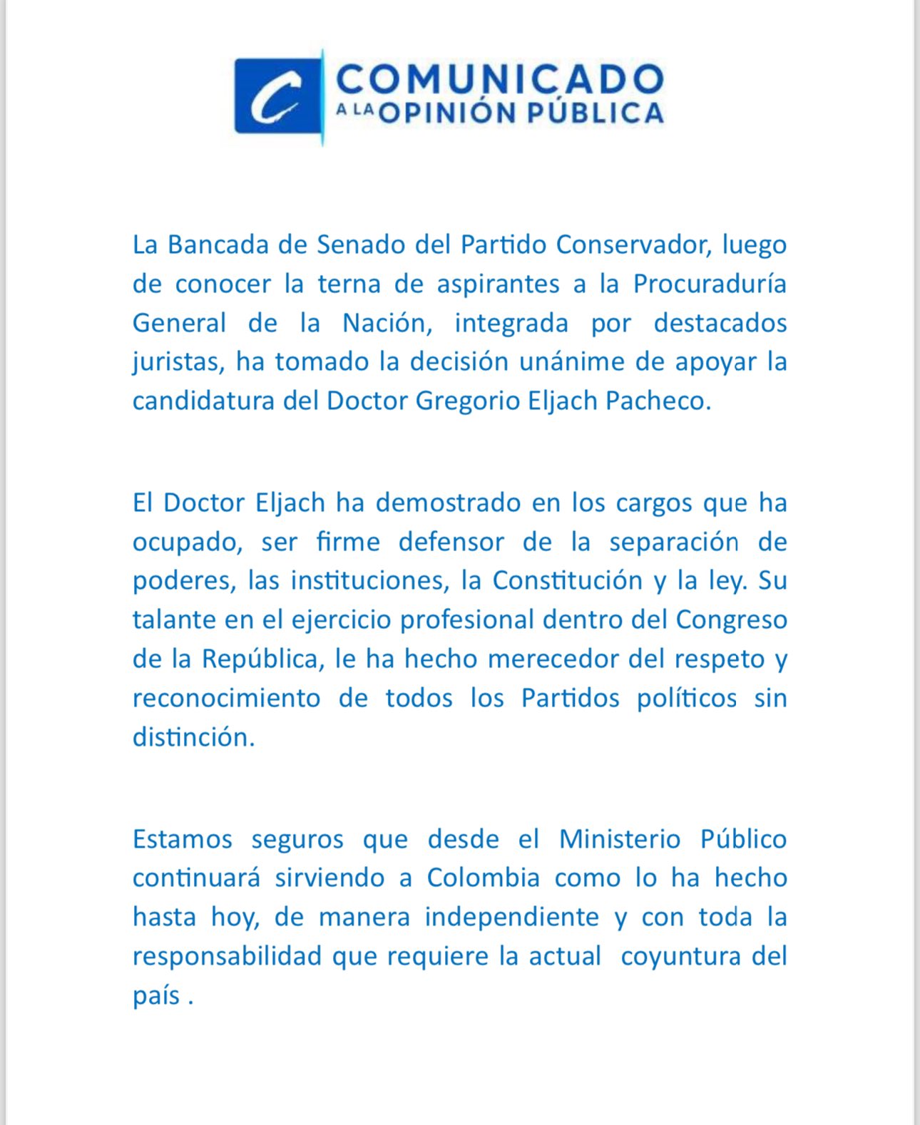 Partido Conservador anuncia respaldo a Gregorio Eljach para la Procuraduría