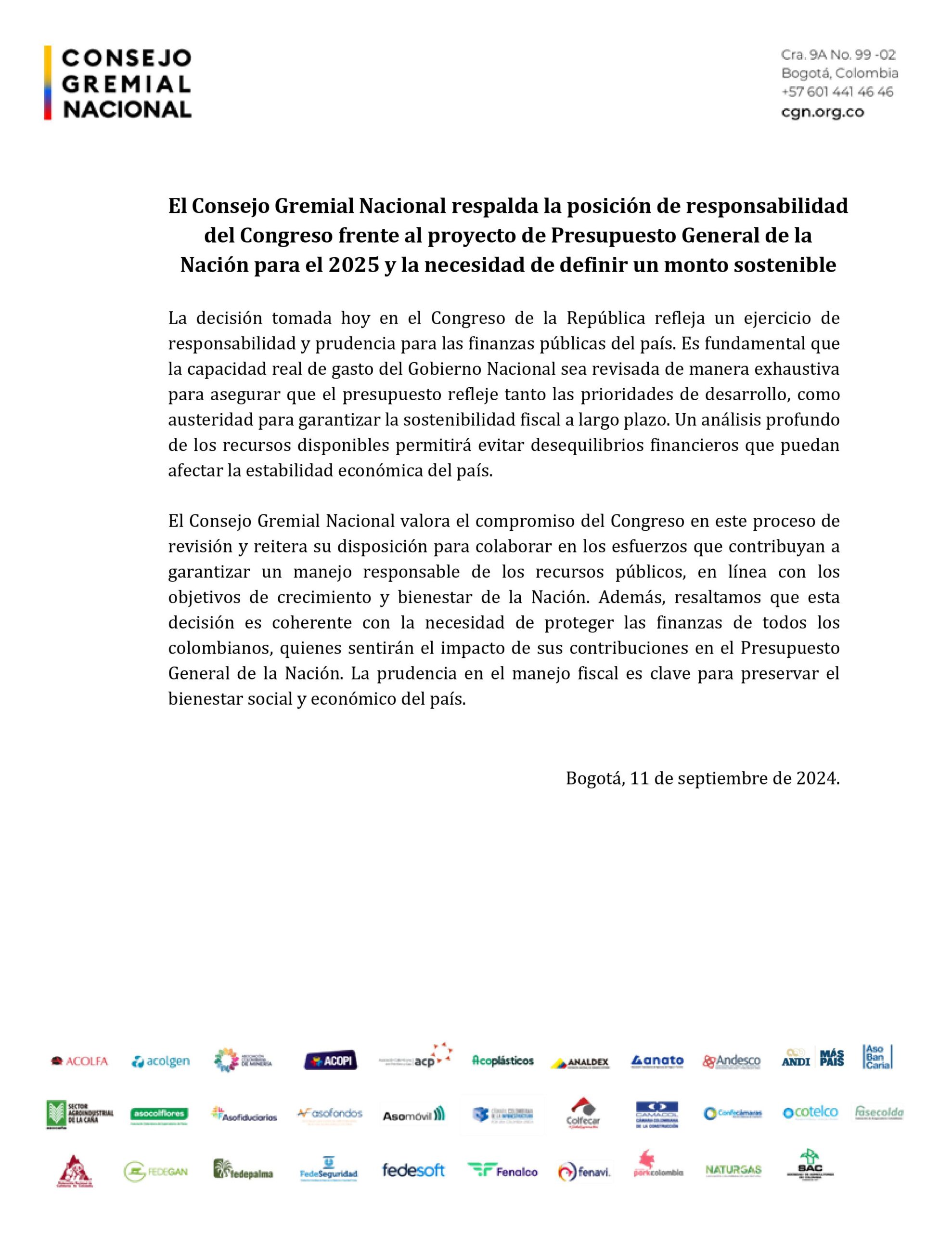 Carta del Consejo Gremial en respaldo al Congreso sobre la revisión del Presupuesto General de la Nación 2025