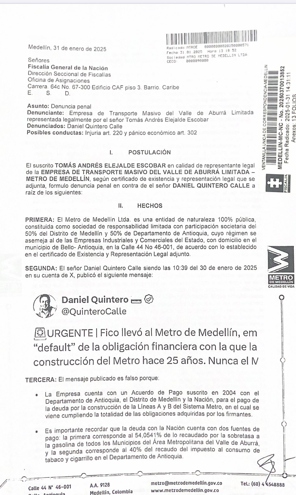 Metro de Medellín desmiente a Quintero: “No hay default”