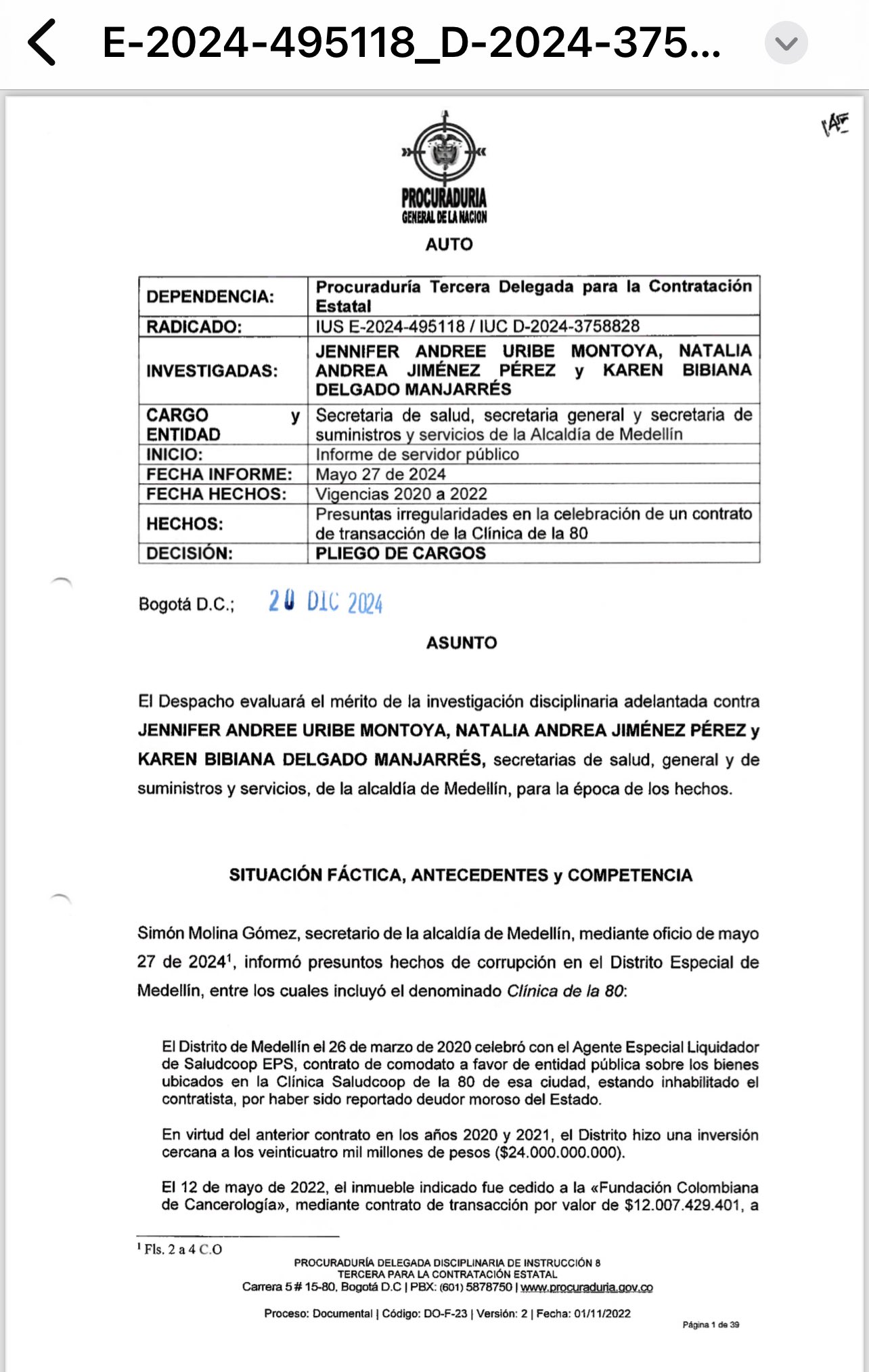 Pliego contra exsecretarias de Daniel Quintero