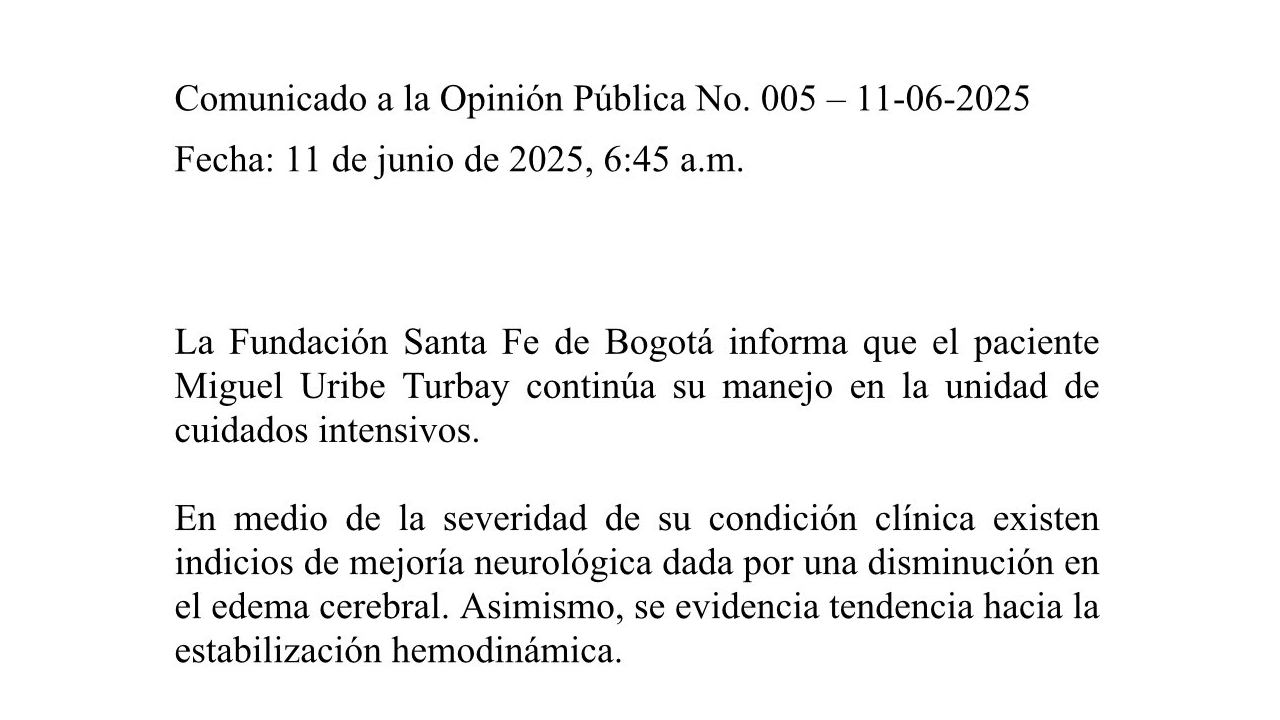 Estado de salud de Miguel Uribe: alentador parte médico este 11 de junio 1 Fundación Santa Fe informa leve mejoría en la salud de Miguel Uribe Turbay