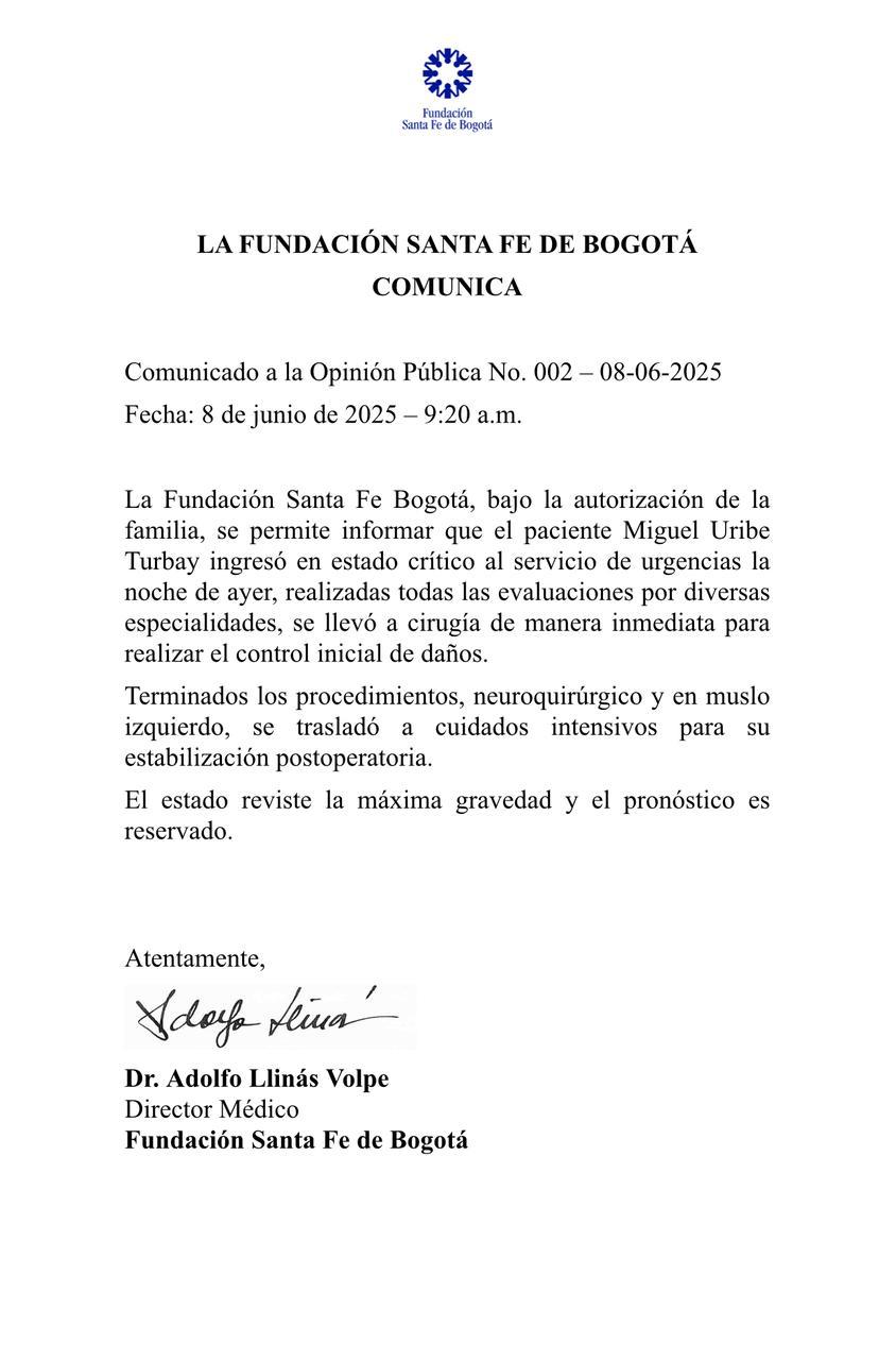 Fundación Santa Fe actualiza el estado de salud de Miguel Uribe tras atentado