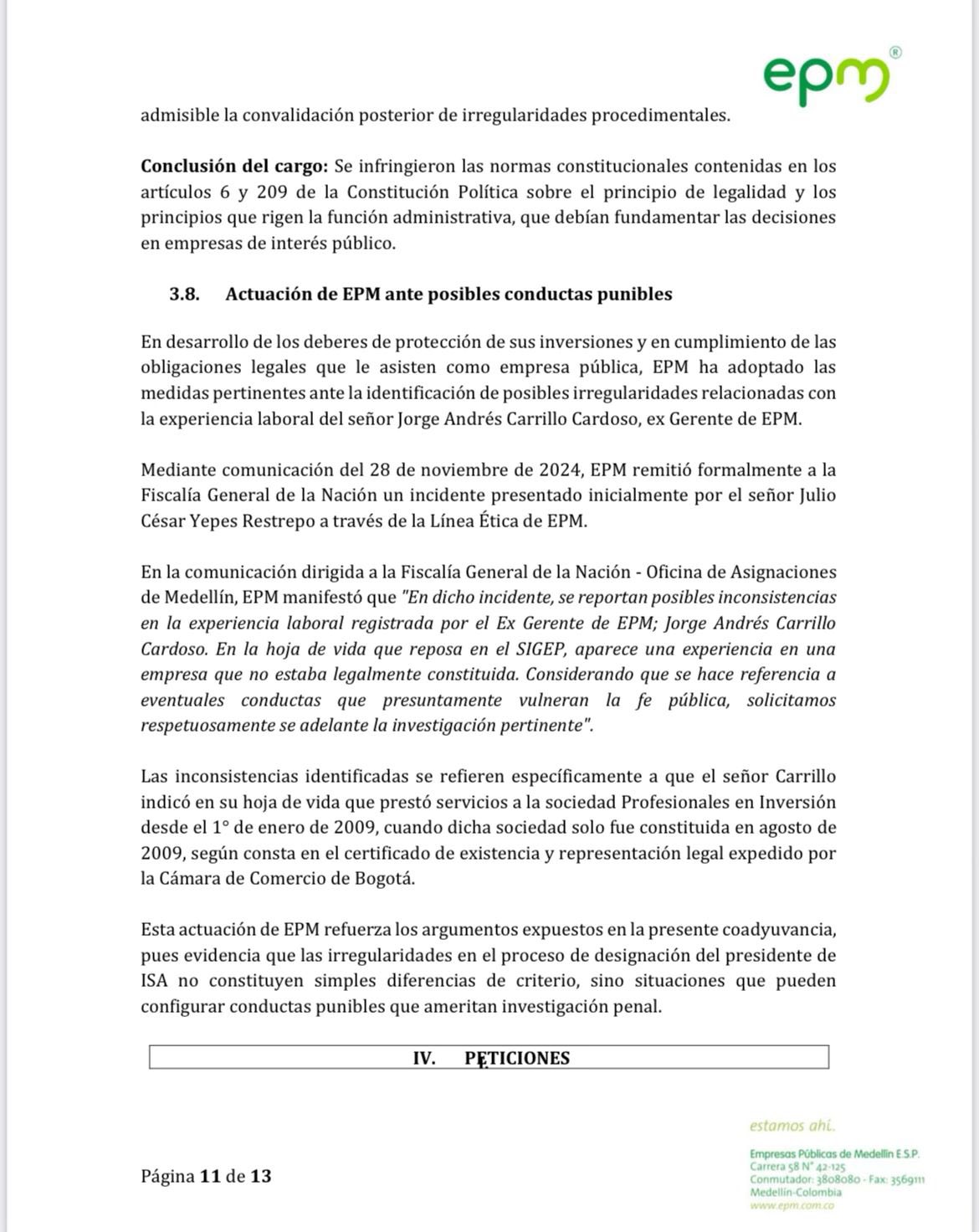 EPM toma nueva postura sobre la elección de Jorge Carrillo en ISA