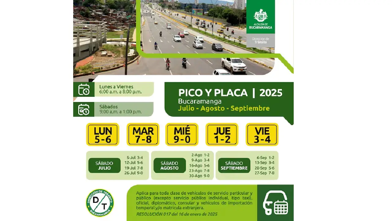 Así será la nueva rotación del pico y placa en Bucaramanga desde julio de 2025
