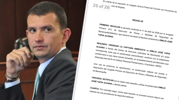 El Juzgado 15 Penal de Bogotá ordenó la captura inmediata de Emilio Tapia tras revocar su libertad condicional. La Procuraduría apeló la decisión que lo había dejado en libertad en abril de 2025. El Juzgado 15 Penal de Bogotá ordenó la captura inmediata de Emilio Tapia tras revocar su libertad condicional. La Procuraduría apeló la decisión que lo había dejado en libertad en abril de 2025.