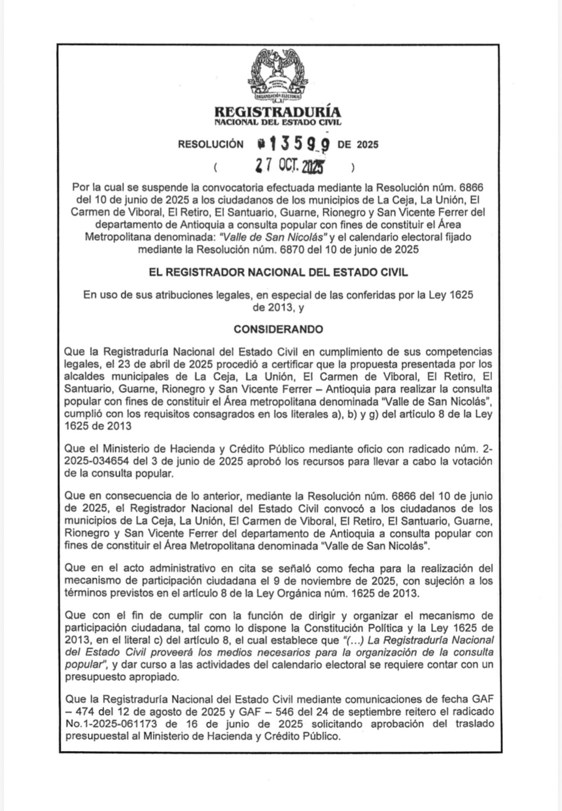Se suspende consulta popular del Valle de San Nicolás por falta de financiación 1 Se suspende consulta popular del Valle de San Nicolás por falta de financiación