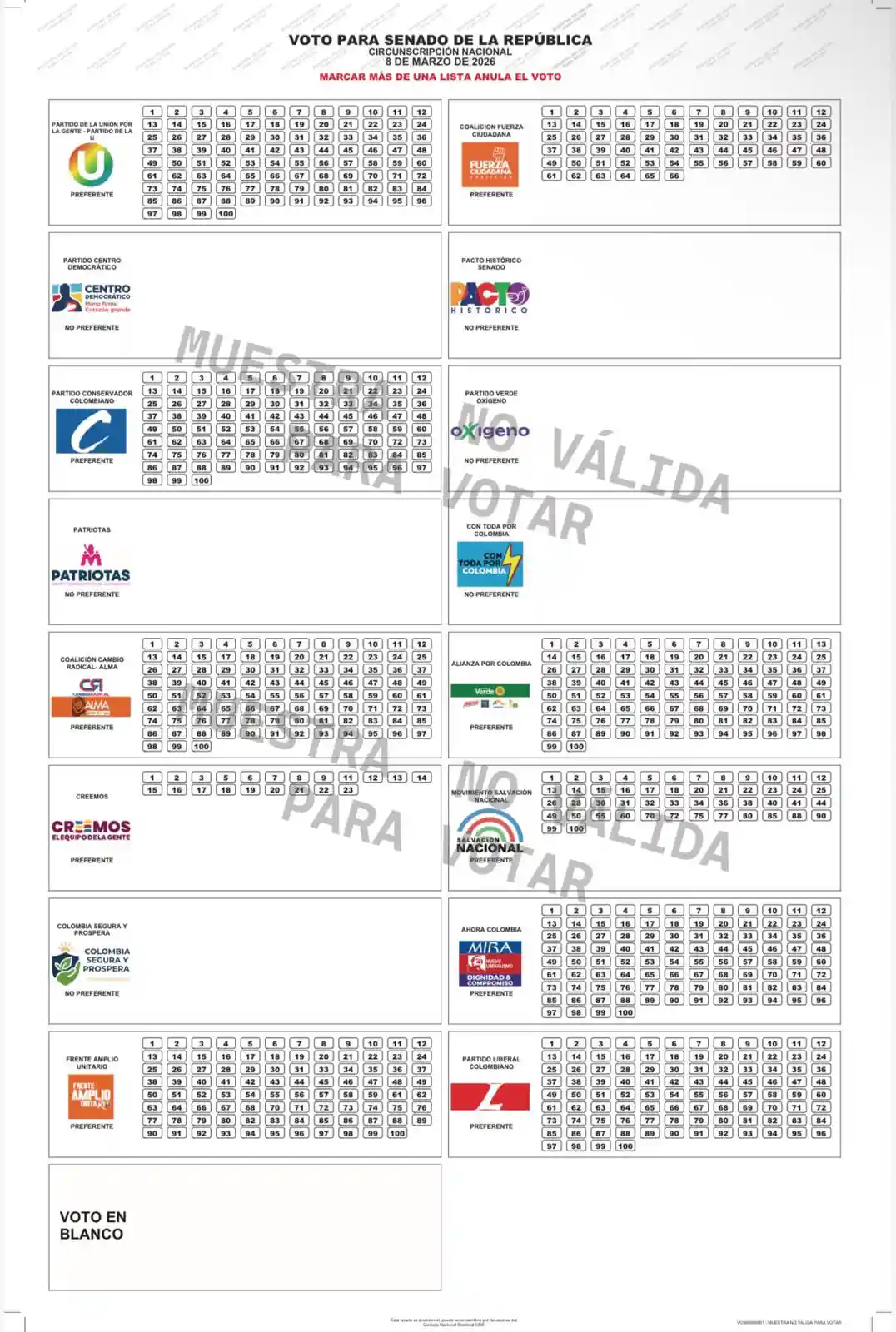 Así quedó el tarjetón con el que Colombia elegirá Senado en 2026 1 Tarjeton del Senado elecciones 2026