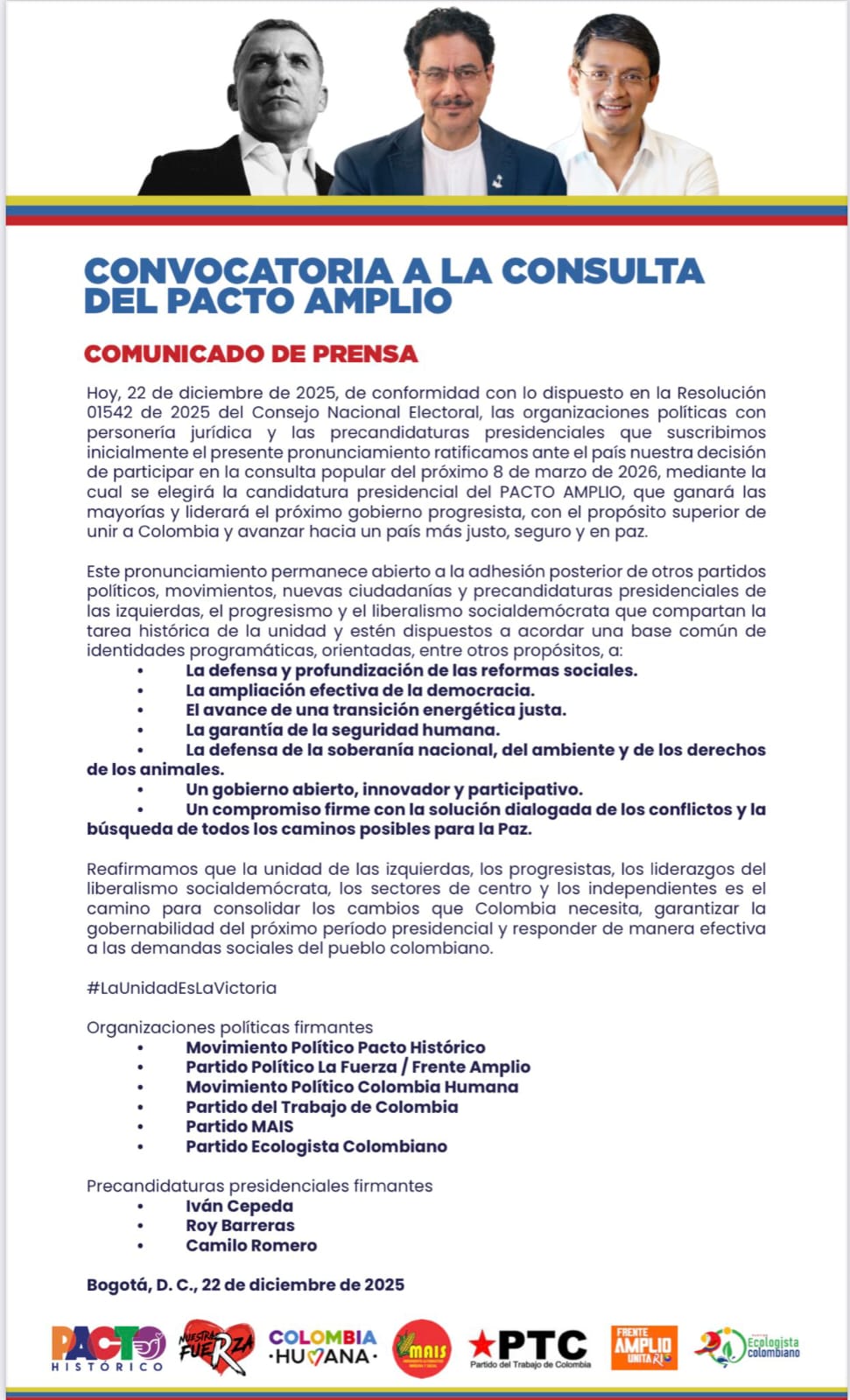 Consulta del Pacto Amplio: definidos los precandidatos rumbo a las presidenciales de 2026