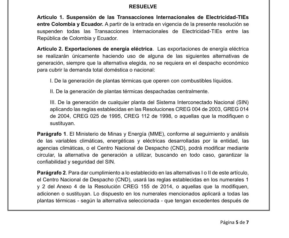 Colombia suspende venta de energía a Ecuador