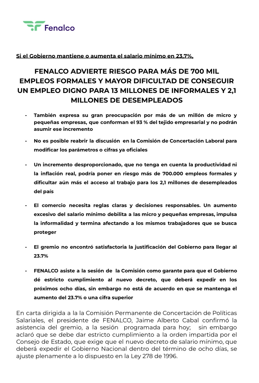 Fenalco cuestiona ajuste salarial del 23,7% y advierte efectos en empleo e inflación 1 HBTT9hOXoAA5nRc