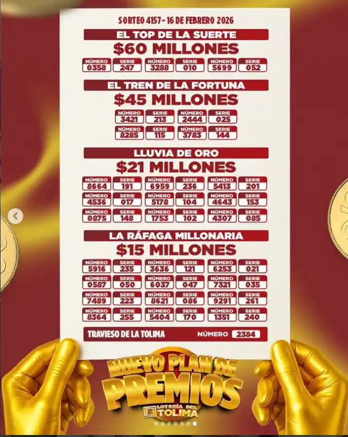 Lotería del Tolima resultado hoy 16 febrero: último sorteo, secos y número ganador 1 Resultado Lotería del Tolima y secos 16 febrero