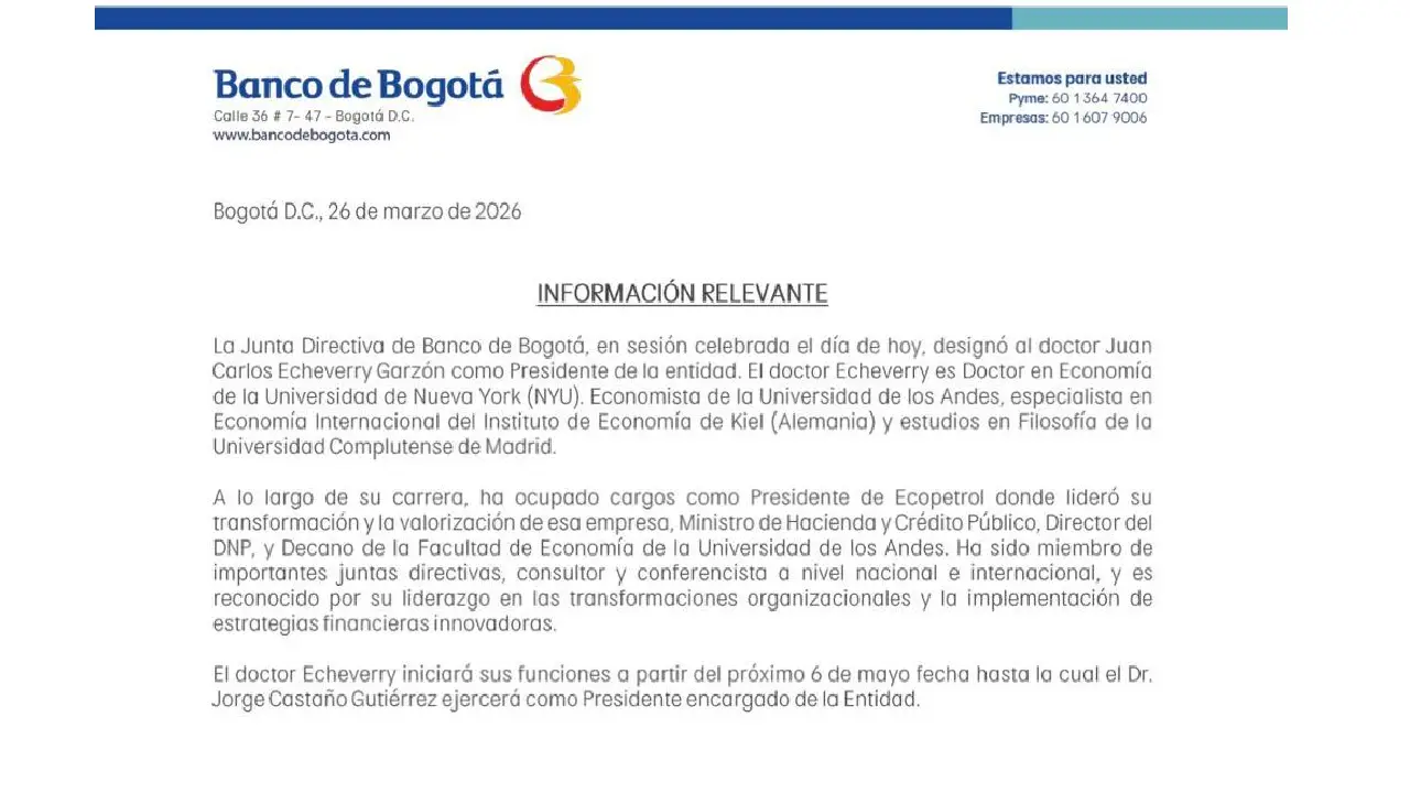 Cambio en el Banco de Bogotá: Juan Carlos Echeverry reemplaza a César Prado
