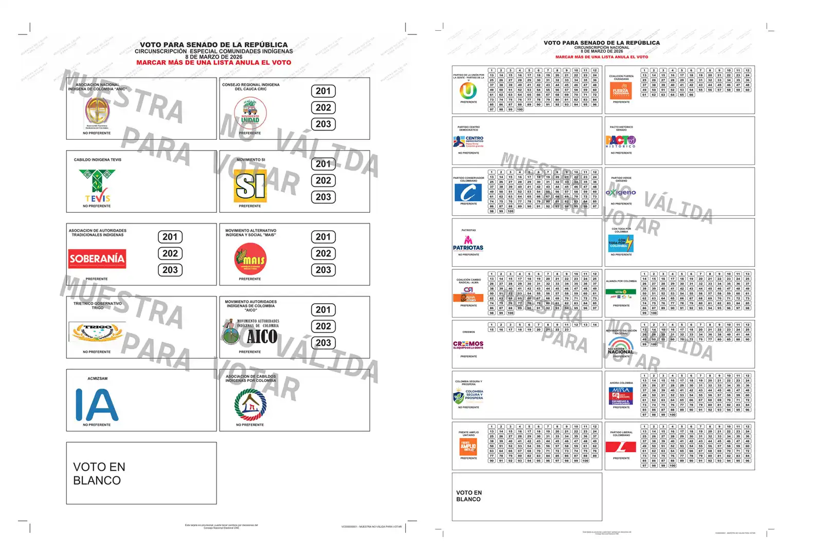 Tarjetón del Senado elecciones 8 de marzo