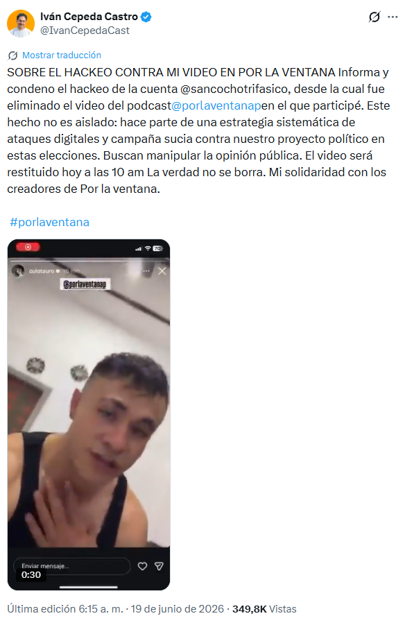 Entrevista de Por La Ventana con Iván Cepeda fue hackeada, esto fue lo que pasó 1 Trino de Cepeda