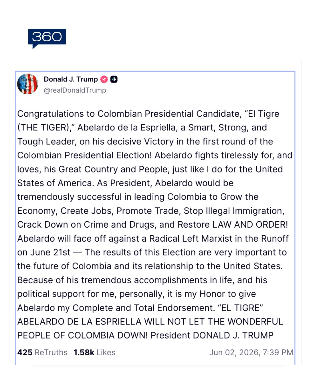 Donald Trump respalda a Abelardo de la Espriella tras su victoria en primera vuelta presidencial