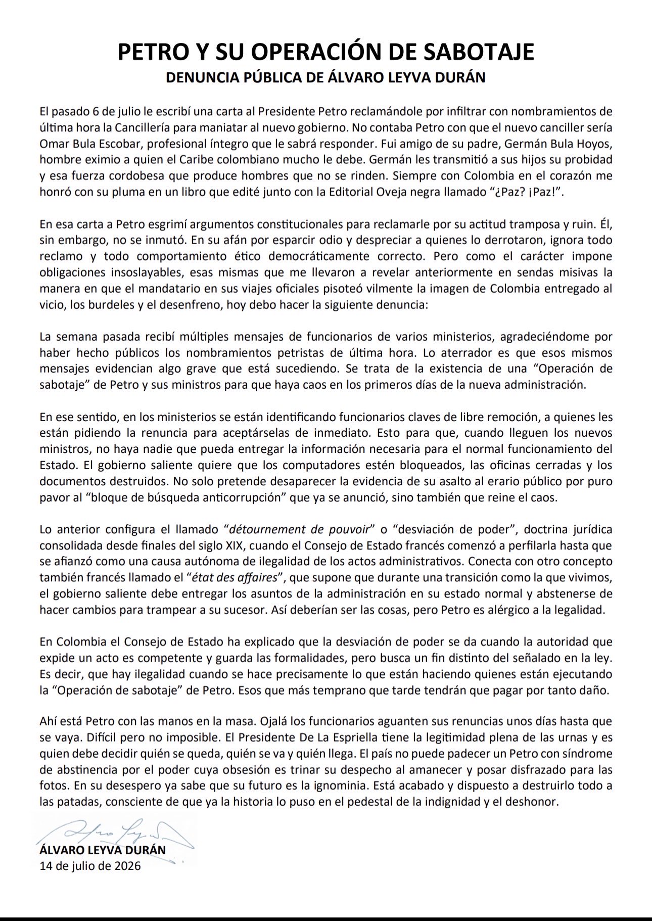 ¿Qué dijo Álvaro Leyva sobre el supuesto sabotaje del Gobierno Petro al gobierno de Abelardo De La Espriella?