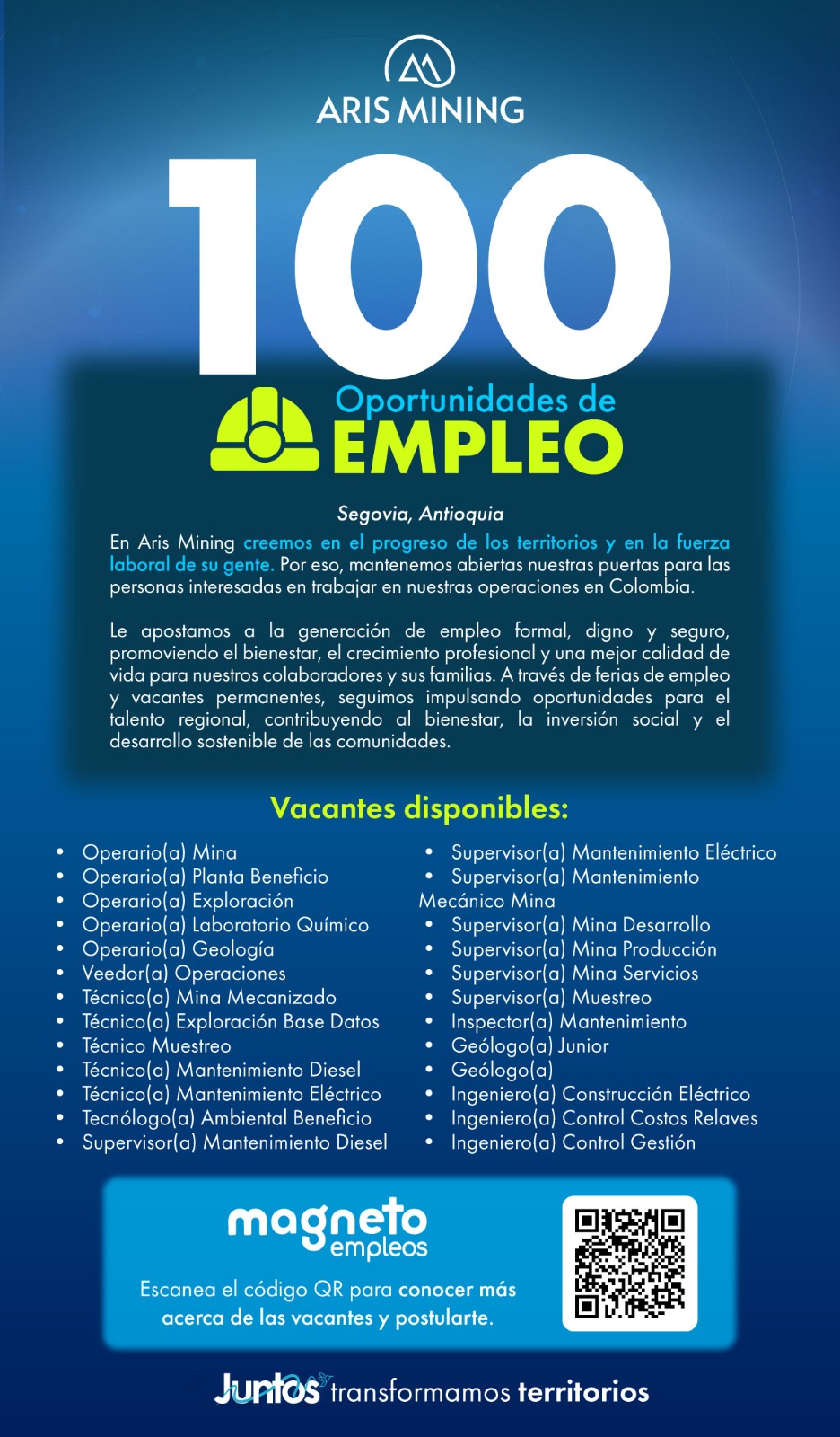 Oportunidad laboral: Aris Mining busca talento para sus operaciones mineras en Colombia