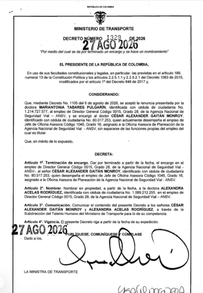 Alexandra Acelas Rodríguez es la nueva directora de la Agencia de Seguridad Vial 1 Decreto