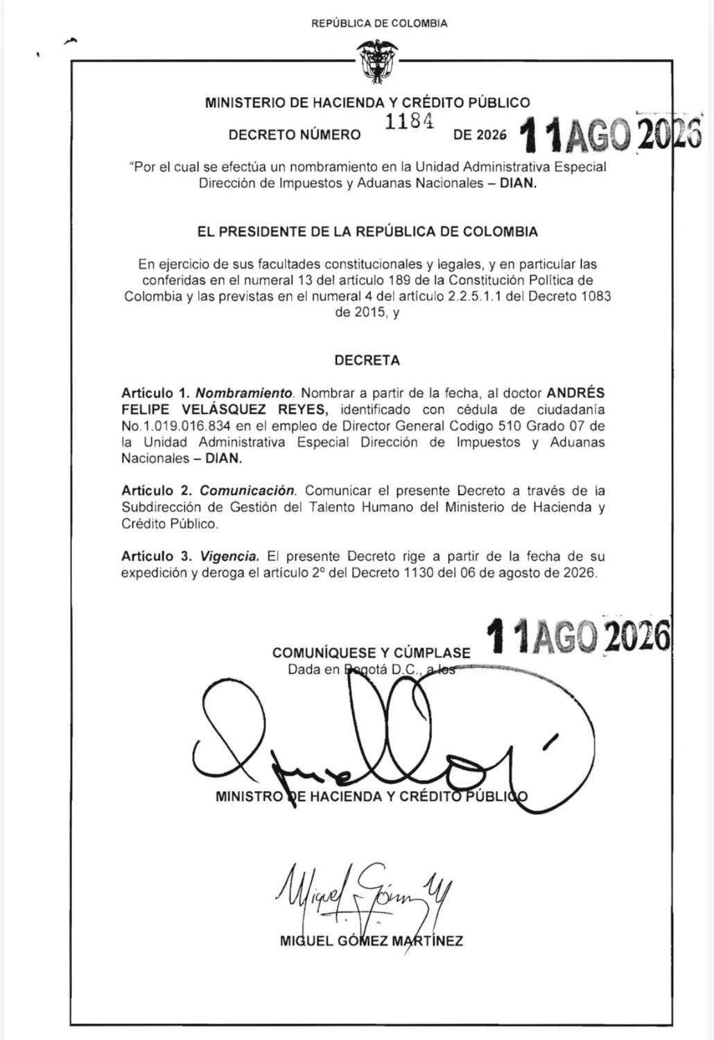 Andrés Felipe Velásquez es el nuevo director de la DIAN por Decreto 1184 2 HPh7oTYXMAAWG4