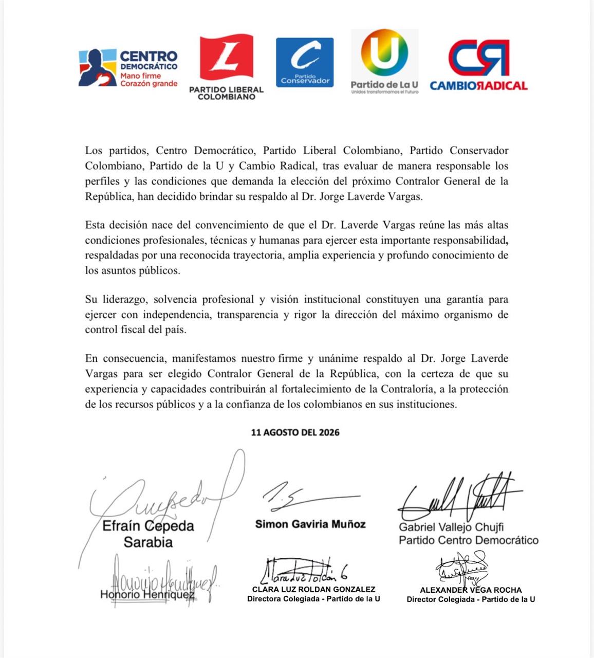 Cinco partidos respaldan de forma unánime a Jorge Eliécer Laverde para la Contraloría