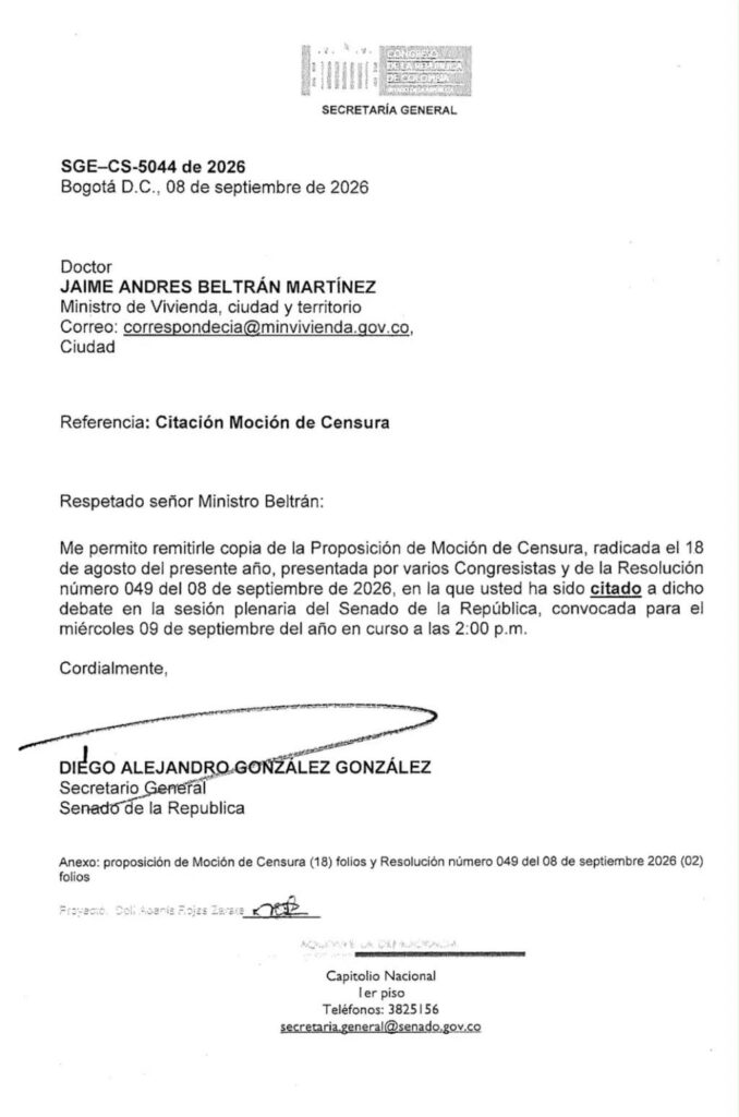 El ministro de Vivienda, Jaime Andrés Beltrán tiene citación para una audiencia de moción de censura.