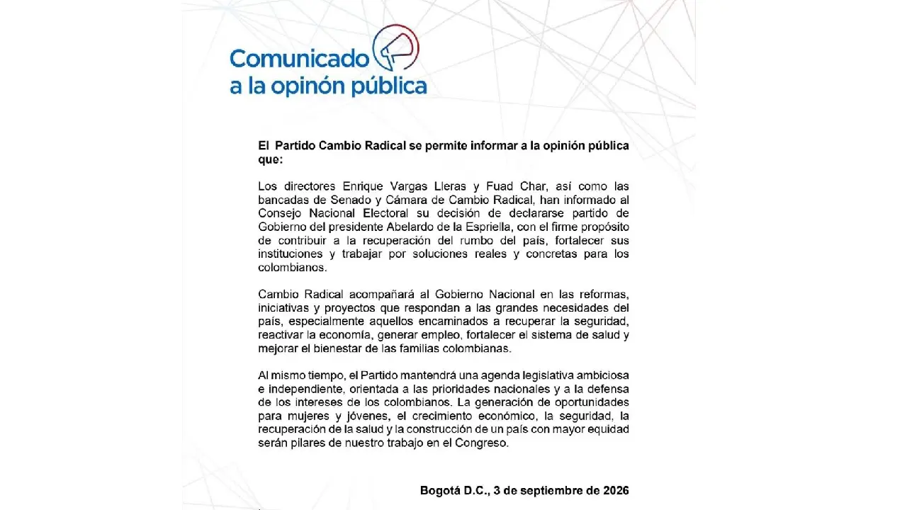 Cambio Radical se declara partido de Gobierno de Abelardo De La Espriella