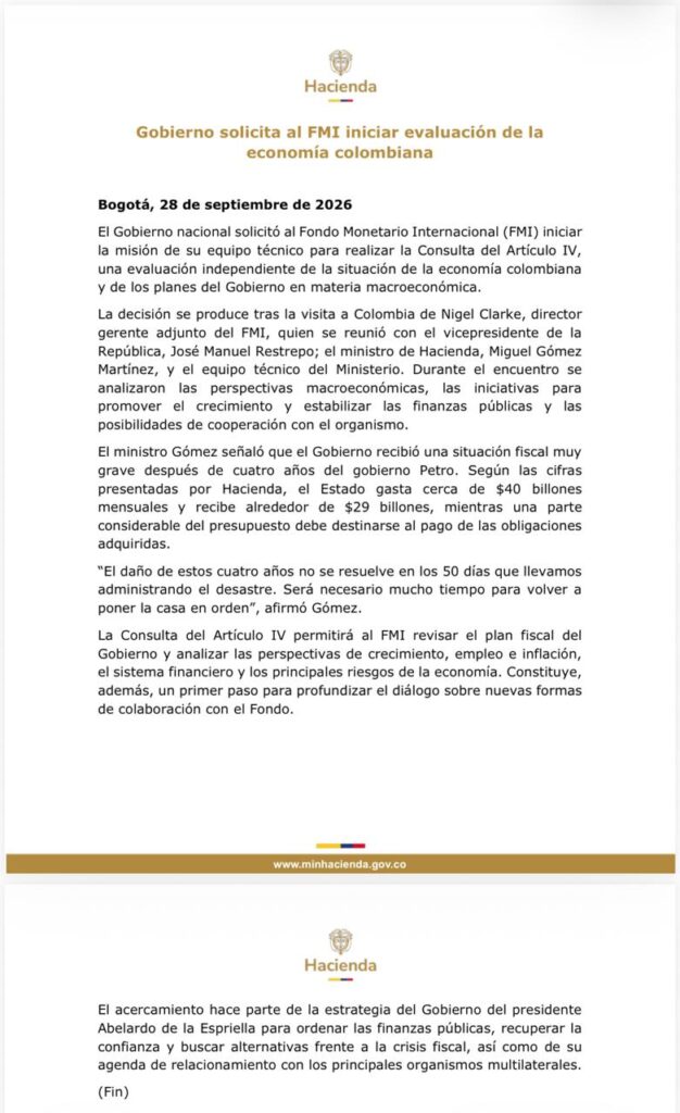 Gobierno solicitó al FMI realizar una revisión económica y financiera de Colombia
