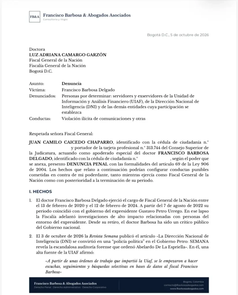 Exfiscal Francisco Barbosa denuncia presunto espionaje en su contra
